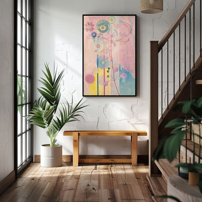 Poster wall art showing 'Floral Mystique – Pink Tones in Neutral Canvas' in an entryway