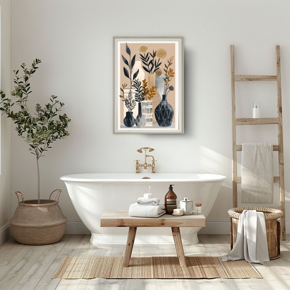 Poster wall art showing 'Floral Serenity – Boho Minimalist in Natural Tones' in a bathroom