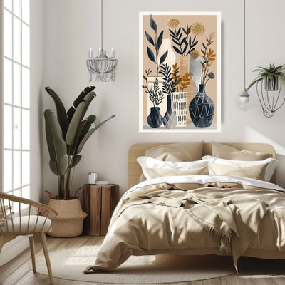 Poster wall art showing 'Floral Serenity – Boho Minimalist in Natural Tones' in a bedroom