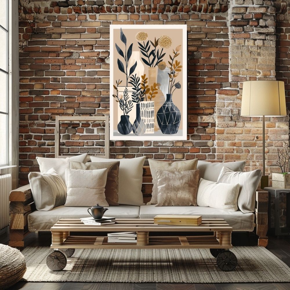 Poster wall art showing 'Floral Serenity – Boho Minimalist in Natural Tones' in a living room