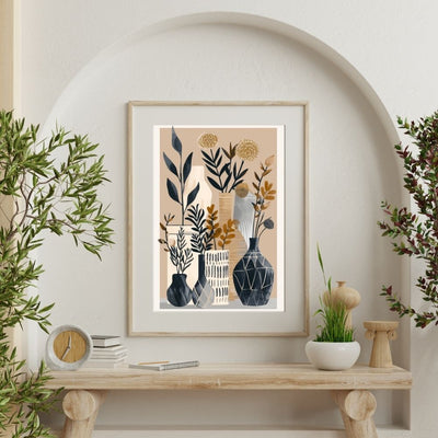 Poster wall art showing 'Floral Serenity – Boho Minimalist in Natural Tones' on a wall with plants