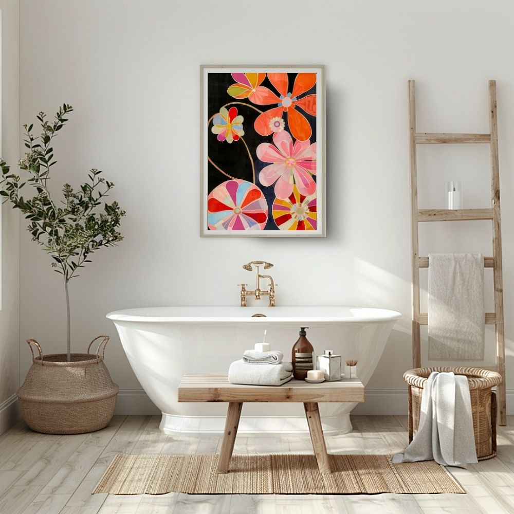 Poster wall art showing 'Floral Spectrum – Bright Colors in Flower Design' in a bathroom