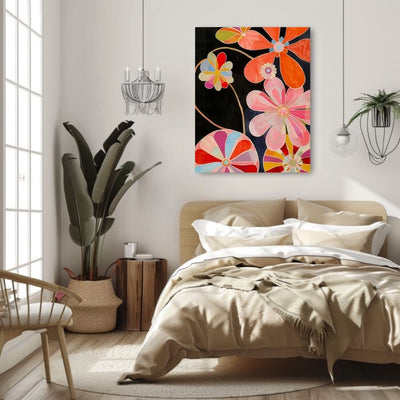 Poster wall art showing 'Floral Spectrum – Bright Colors in Flower Design' in a bedroom