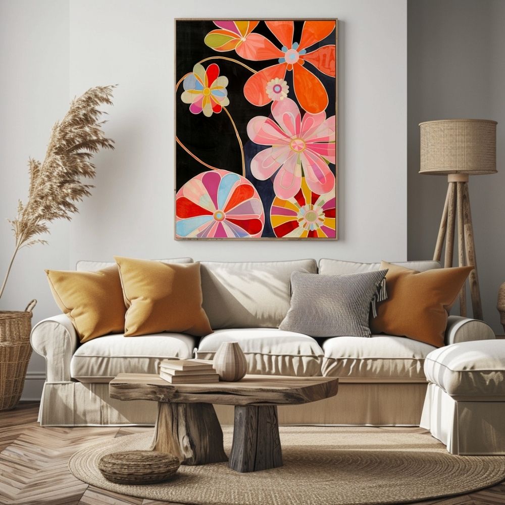 Poster wall art showing 'Floral Spectrum – Bright Colors in Flower Design' in a boho living room