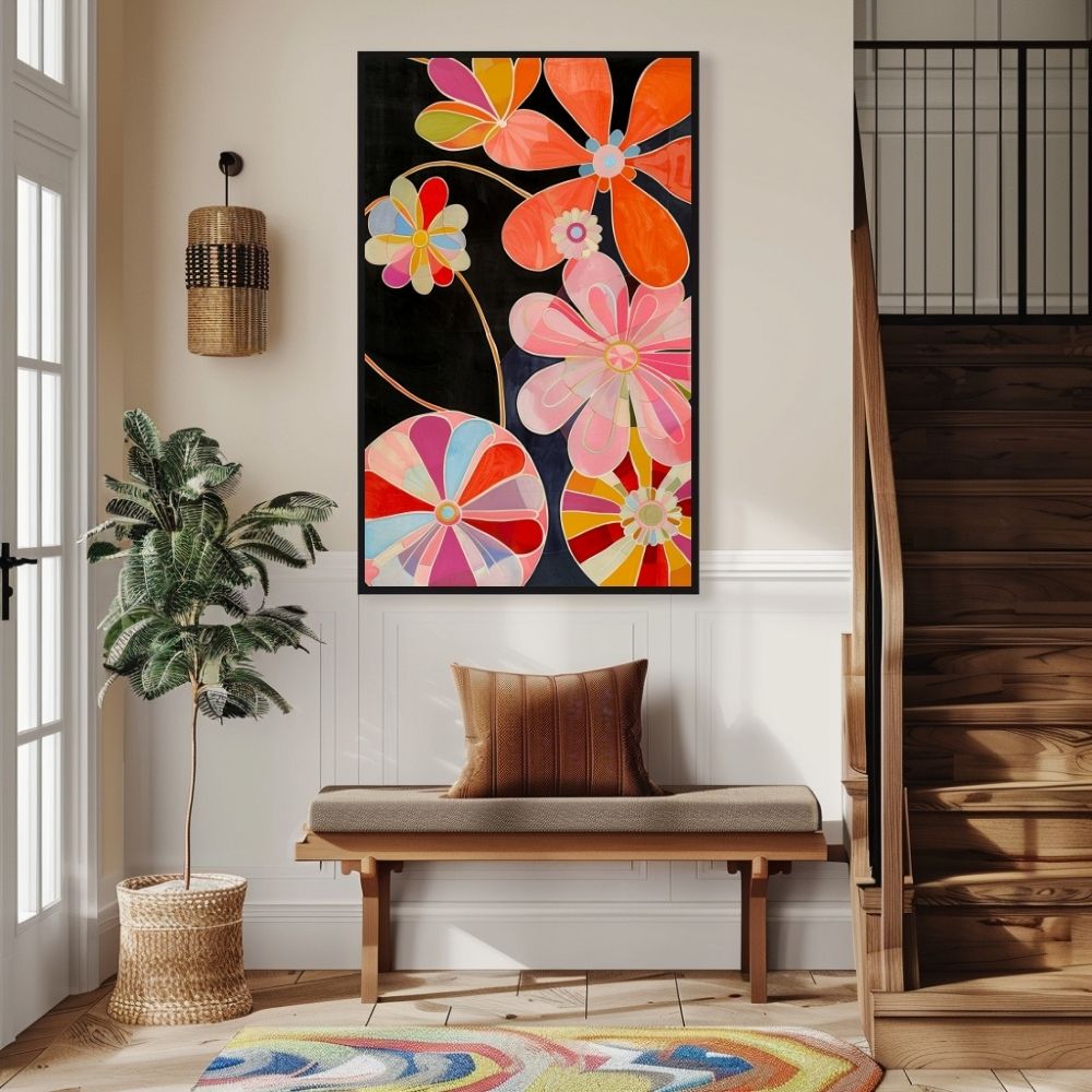 Poster wall art showing 'Floral Spectrum – Bright Colors in Flower Design' in an entryway