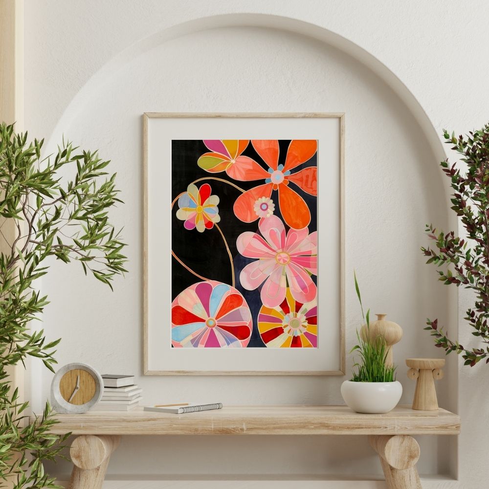 Poster wall art showing 'Floral Spectrum – Bright Colors in Flower Design' on a wall with plants