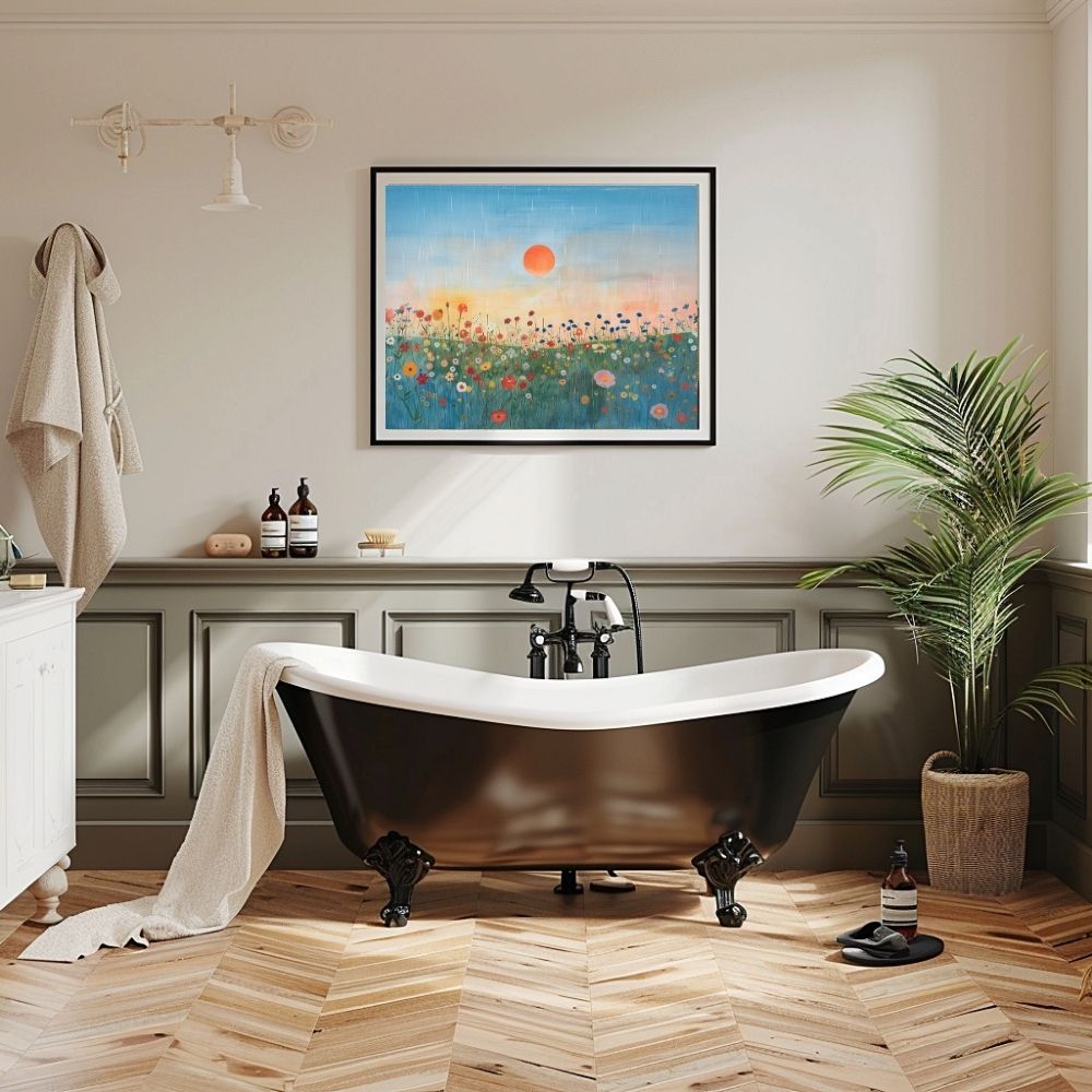 Poster wall art showing 'Floral Sunset – Wildflowers Under a Vivid Sky' in a bathroom