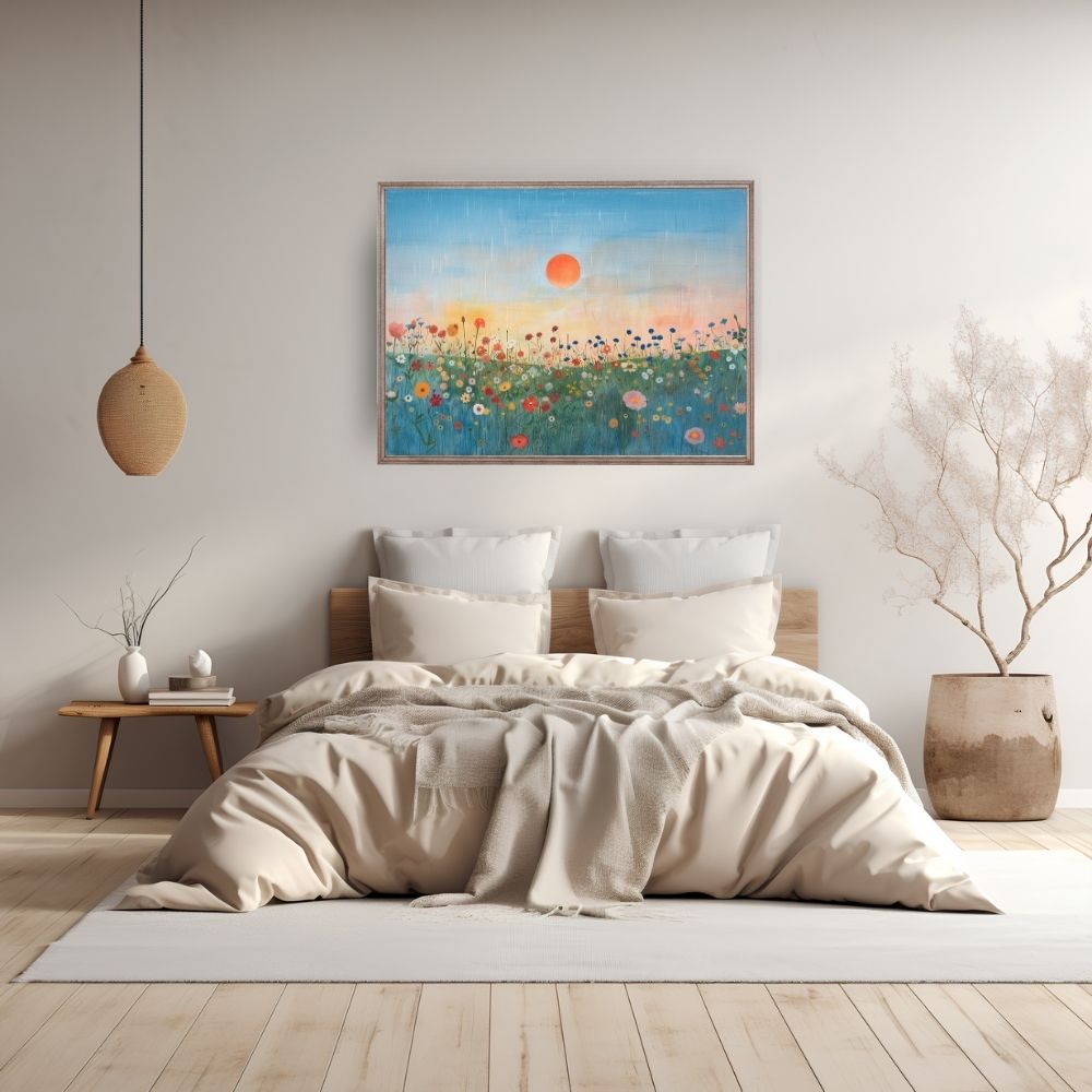 Poster wall art showing 'Floral Sunset – Wildflowers Under a Vivid Sky' in a bedroom