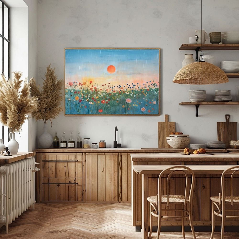 Poster wall art showing 'Floral Sunset – Wildflowers Under a Vivid Sky' in a kitchen