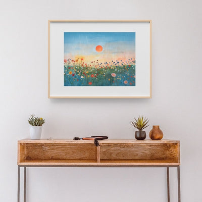 Poster wall art showing 'Floral Sunset – Wildflowers Under a Vivid Sky' in a hallway