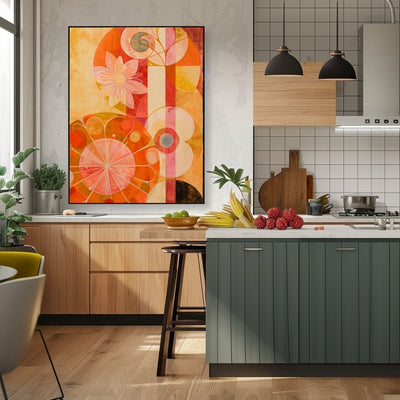 Poster wall art showing 'Floral Symphony – Vivid and Bold Art' in a kitchen