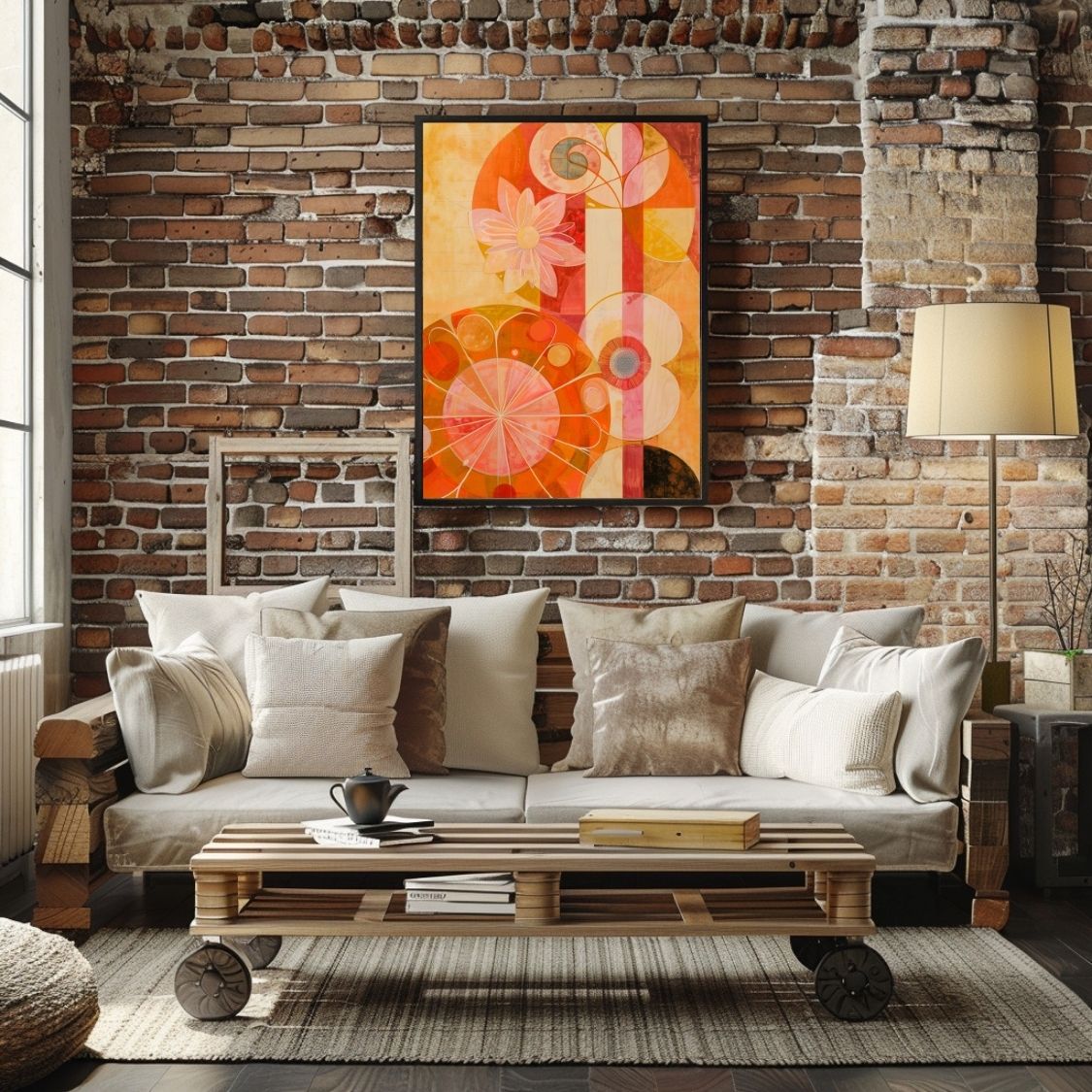 Poster wall art showing 'Floral Symphony – Vivid and Bold Art' in a brick living room