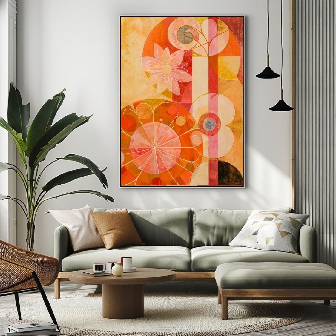 Poster wall art showing 'Floral Symphony – Vivid and Bold Art' in a modern living room