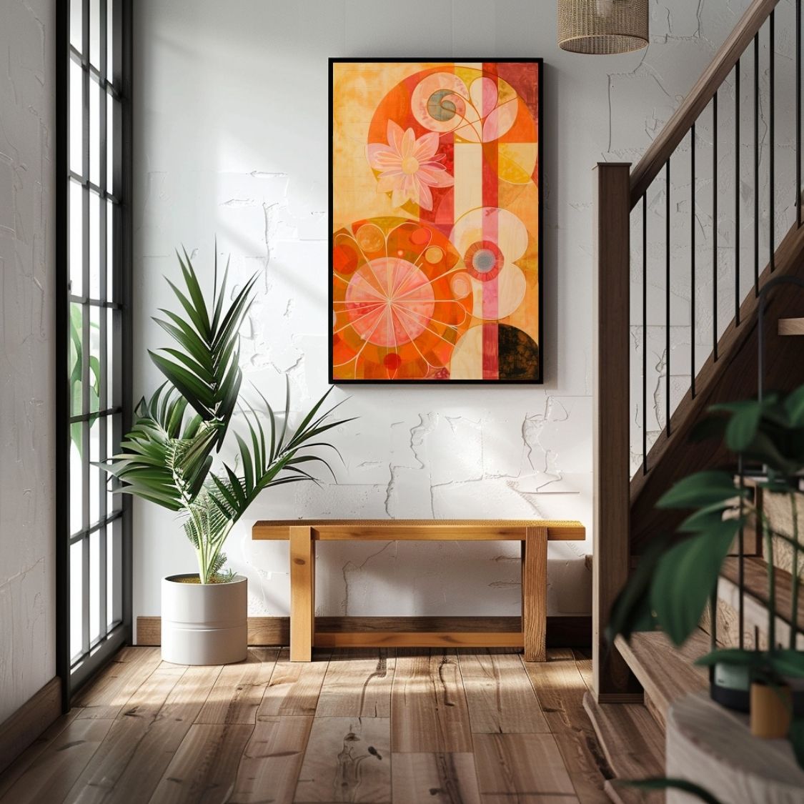 Poster wall art showing 'Floral Symphony – Vivid and Bold Art' in an entryway