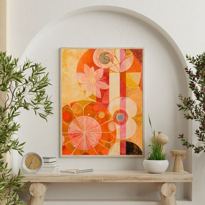 Poster wall art showing 'Floral Symphony – Vivid and Bold Art' on a wall surrounded by plants