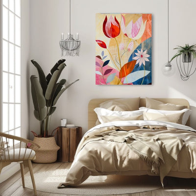 Poster wall art showing 'Floral Tranquility – Pink and Neutral Abstract' in a bedroom