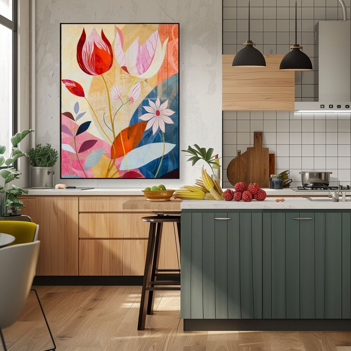 Poster wall art showing 'Floral Tranquility – Pink and Neutral Abstract' in a kitchen