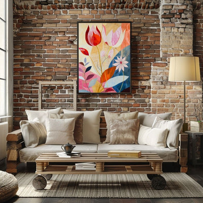 Poster wall art showing 'Floral Tranquility – Pink and Neutral Abstract' in a brick living room