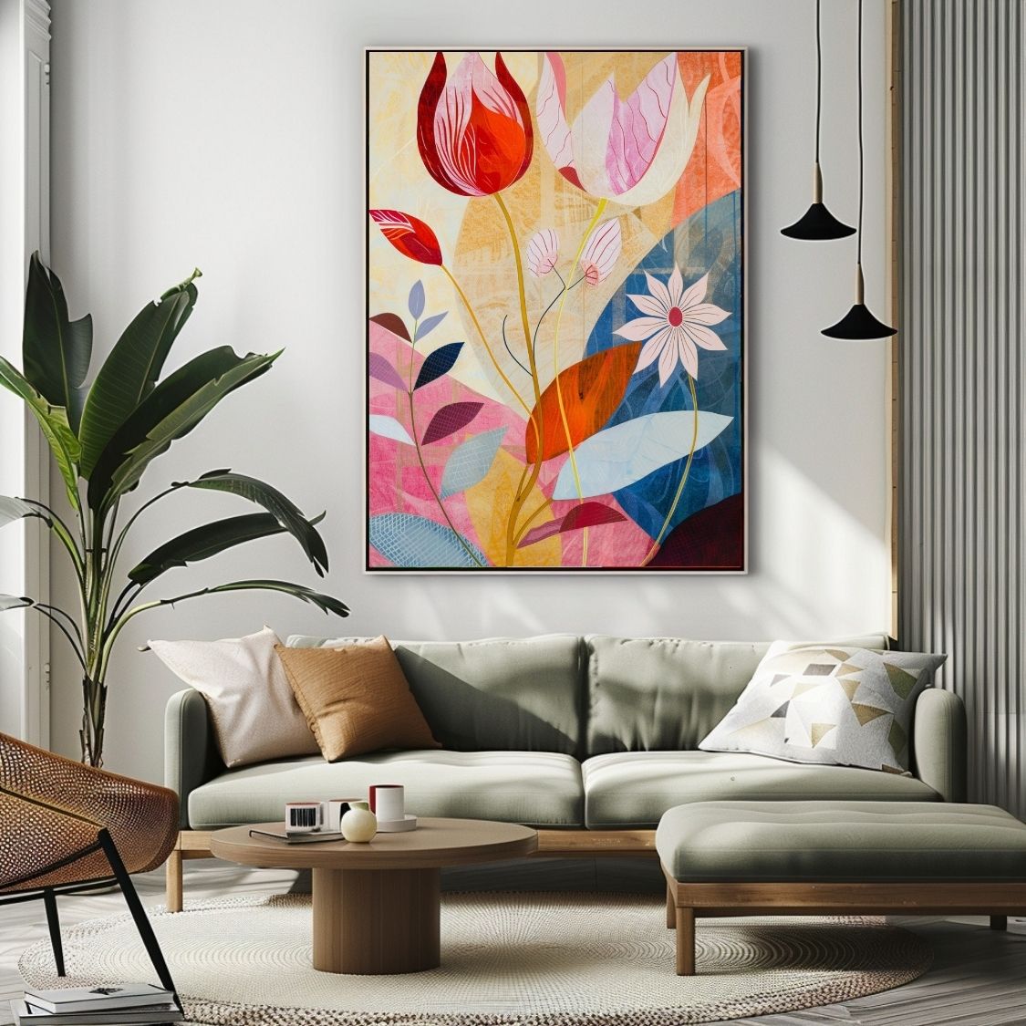 Poster wall art showing 'Floral Tranquility – Pink and Neutral Abstract' in a modern living room