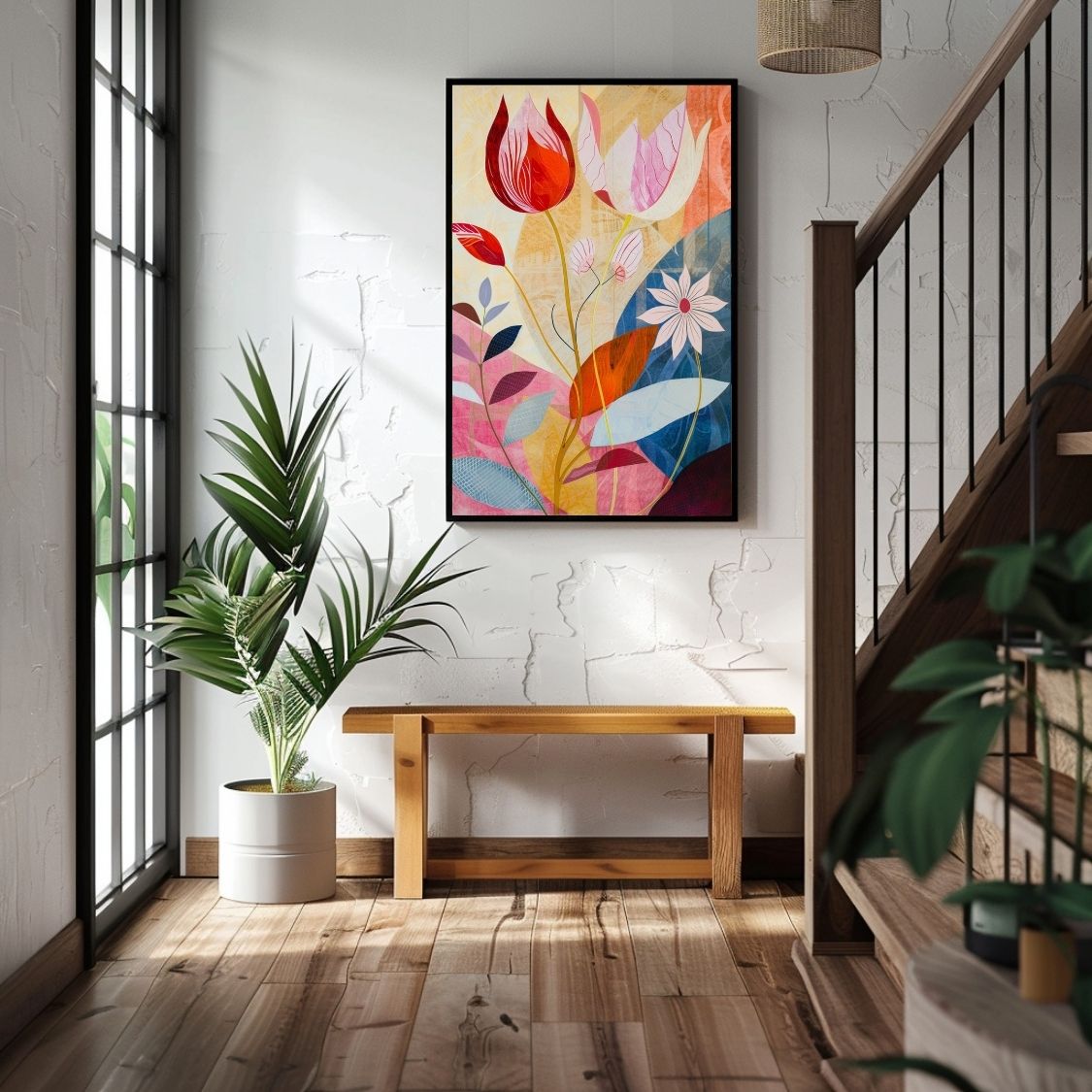 Poster wall art showing 'Floral Tranquility – Pink and Neutral Abstract' in an entryway