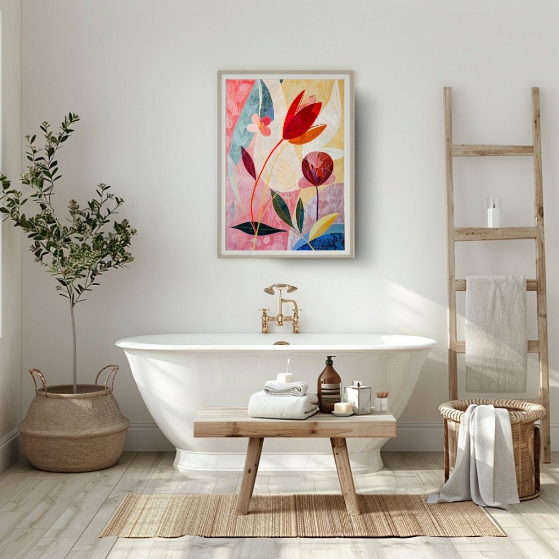 Poster wall art showing 'Floral Whisper – Neutral Hues with Pink Depths' in a bathroom