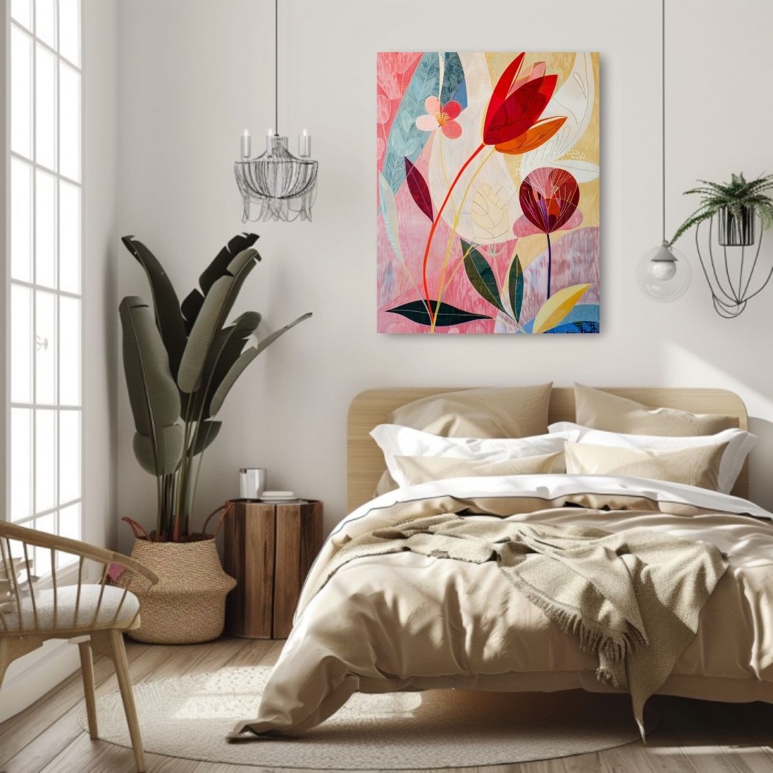 Poster wall art showing 'Floral Whisper – Neutral Hues with Pink Depths' in a bedroom