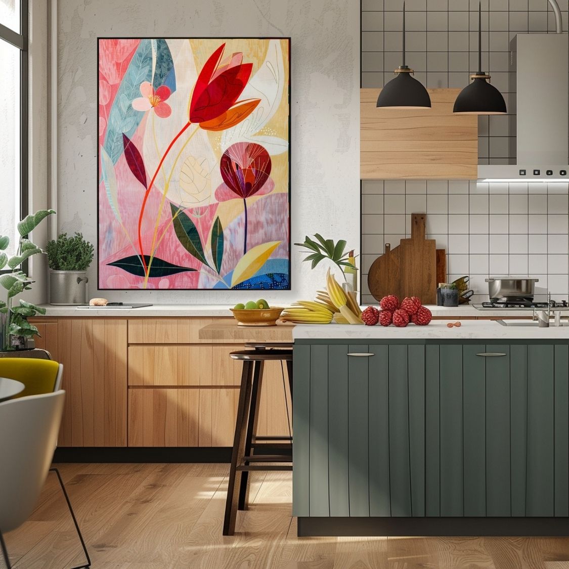 Poster wall art showing 'Floral Whisper – Neutral Hues with Pink Depths' in a kitchen