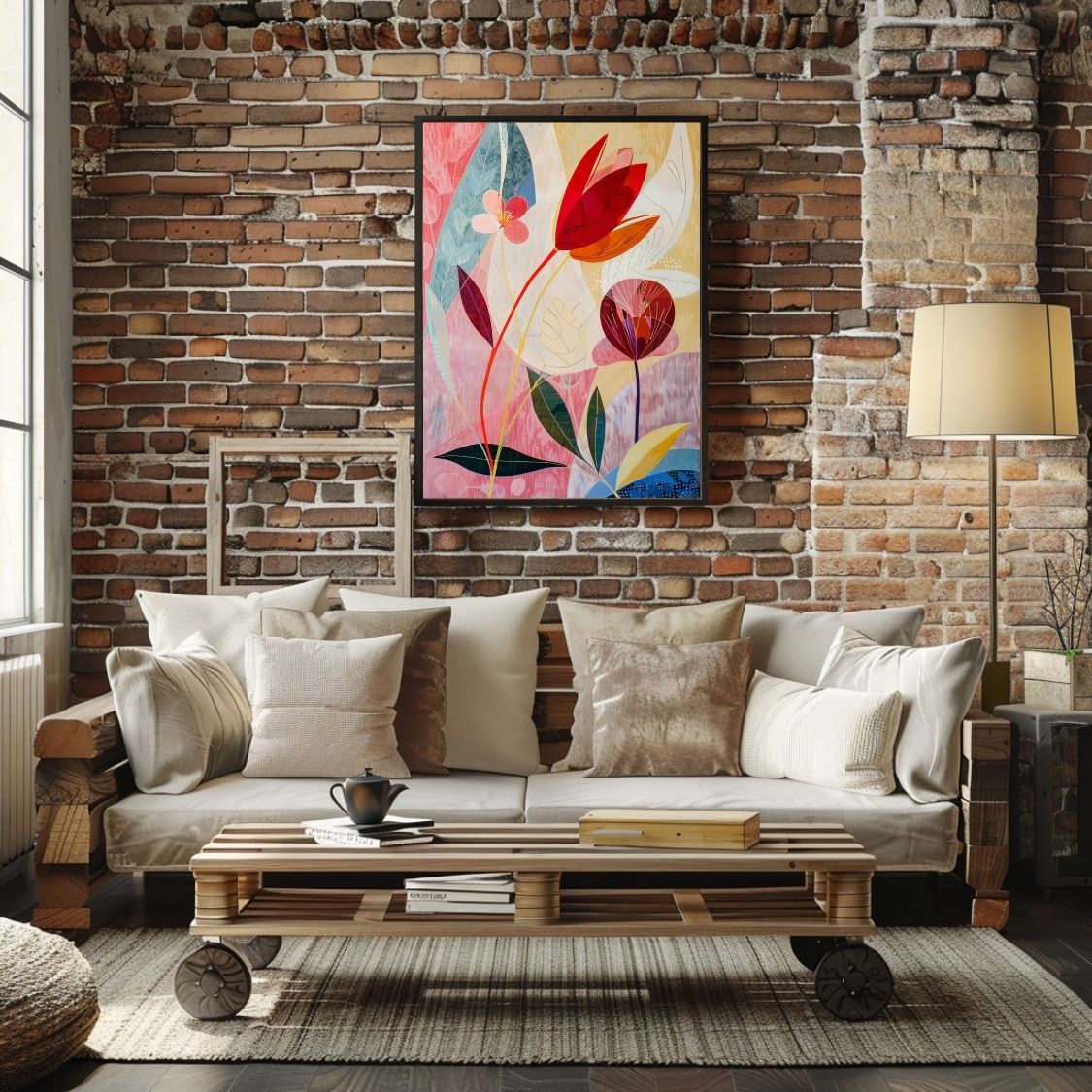 Poster wall art showing 'Floral Whisper – Neutral Hues with Pink Depths' in a brick living room