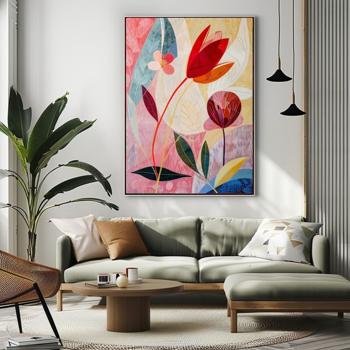 Poster wall art showing 'Floral Whisper – Neutral Hues with Pink Depths' in a modern living room