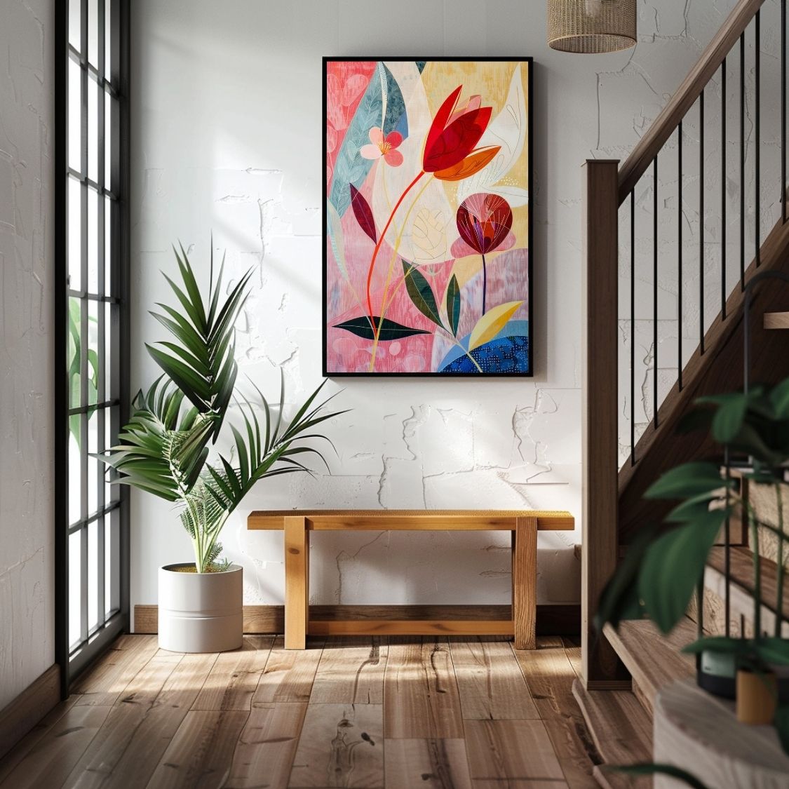 Poster wall art showing 'Floral Whisper – Neutral Hues with Pink Depths' in an entryway