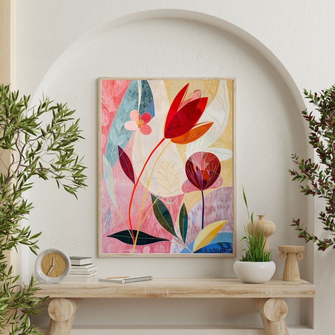 Poster wall art showing 'Floral Whisper – Neutral Hues with Pink Depths' on a wall surrounded by plants