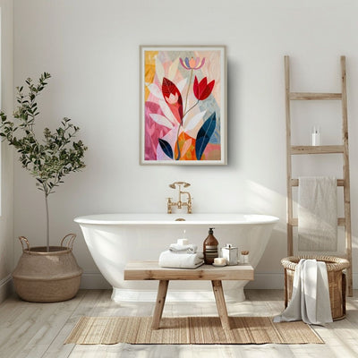 Poster wall art showing 'Flower Echo – Neutral and Pink Depth' in a bathroom