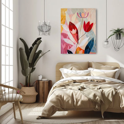 Poster wall art showing 'Flower Echo – Neutral and Pink Depth' in a bedroom