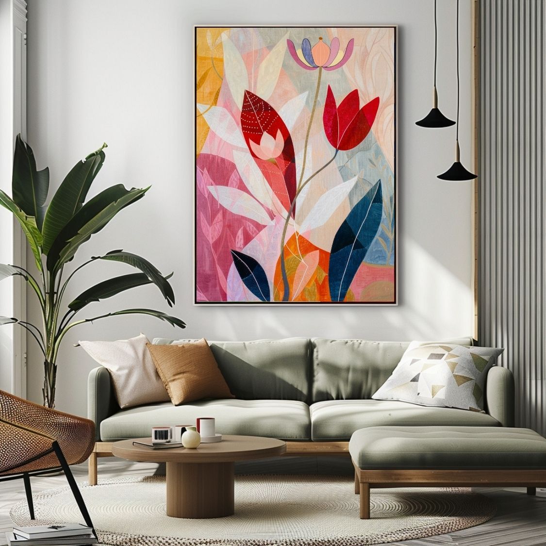 Poster wall art showing 'Flower Echo – Neutral and Pink Depth' in a living room