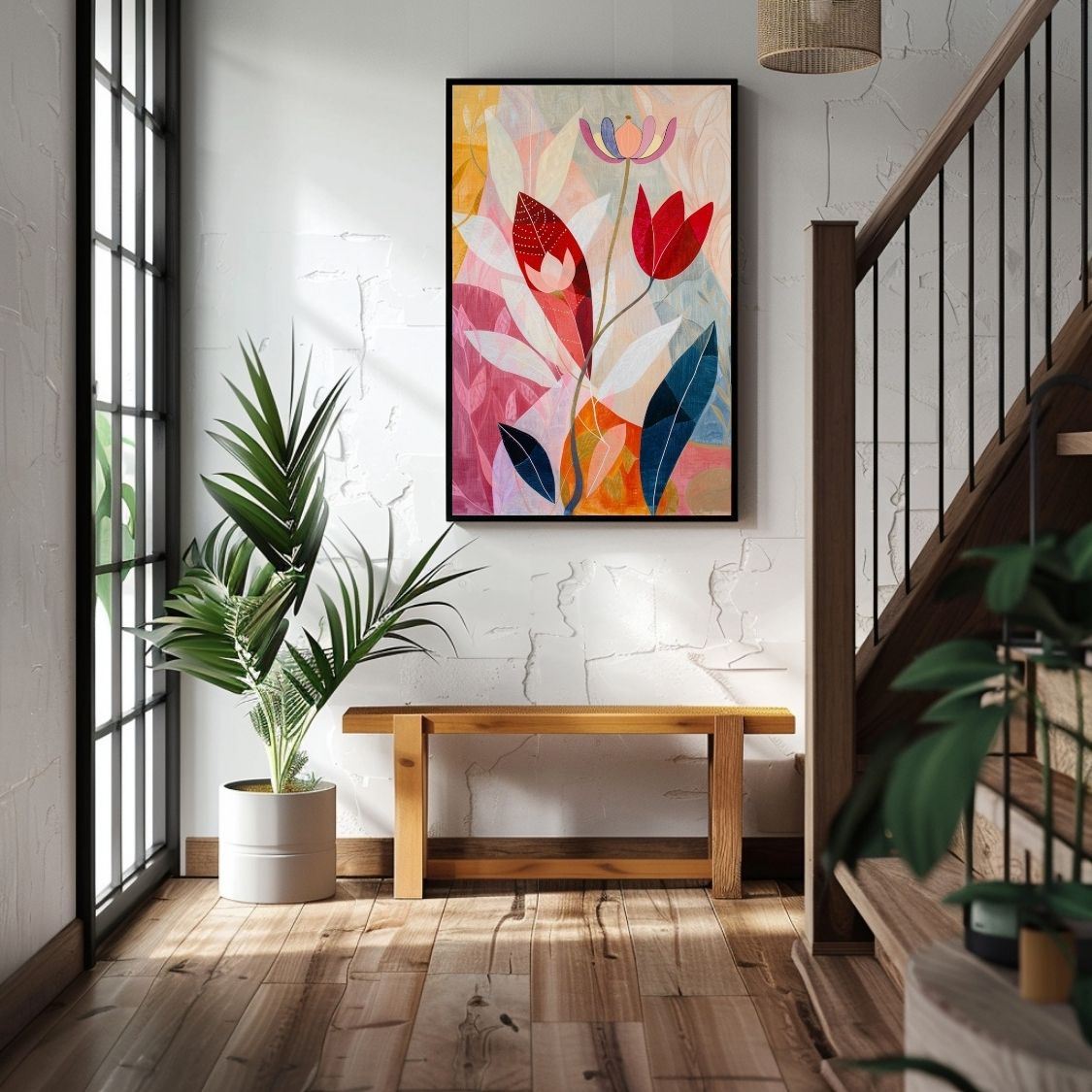 Poster wall art showing 'Flower Echo – Neutral and Pink Depth' in an entryway