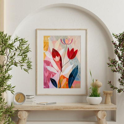 Poster wall art showing 'Flower Echo – Neutral and Pink Depth' on a wall surrounded by plants