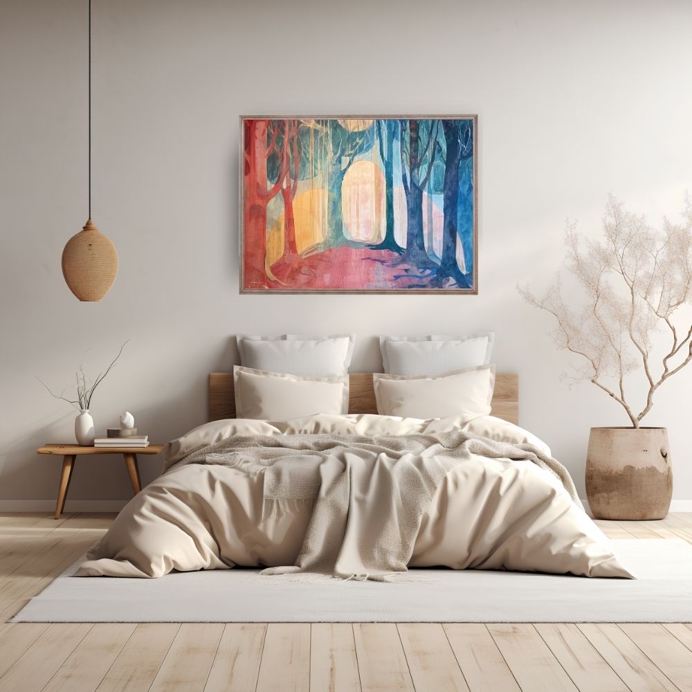 Poster wall art showing sunbeams through ancient trees in a bedroom