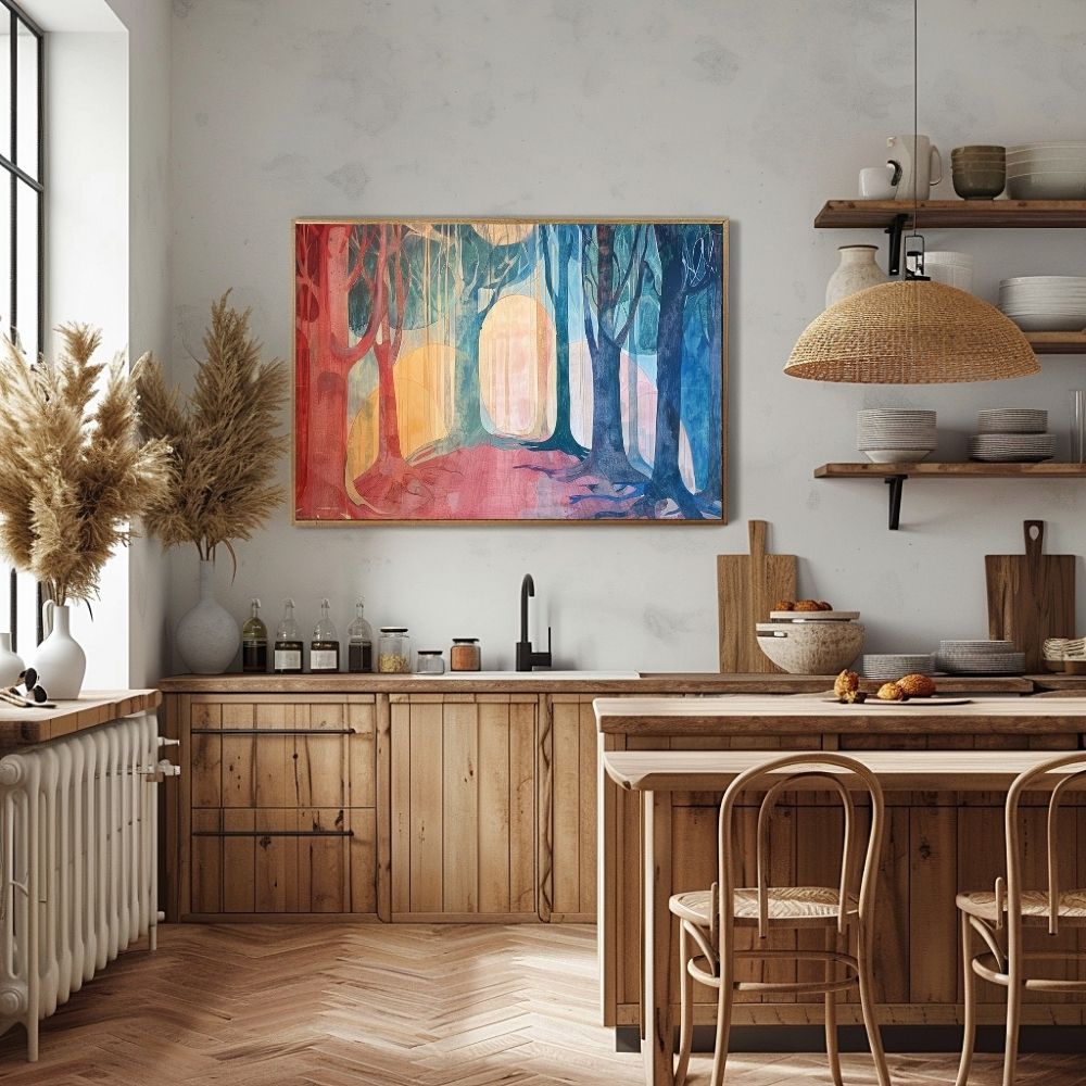 Poster wall art showing sunbeams through ancient trees in a kitchen