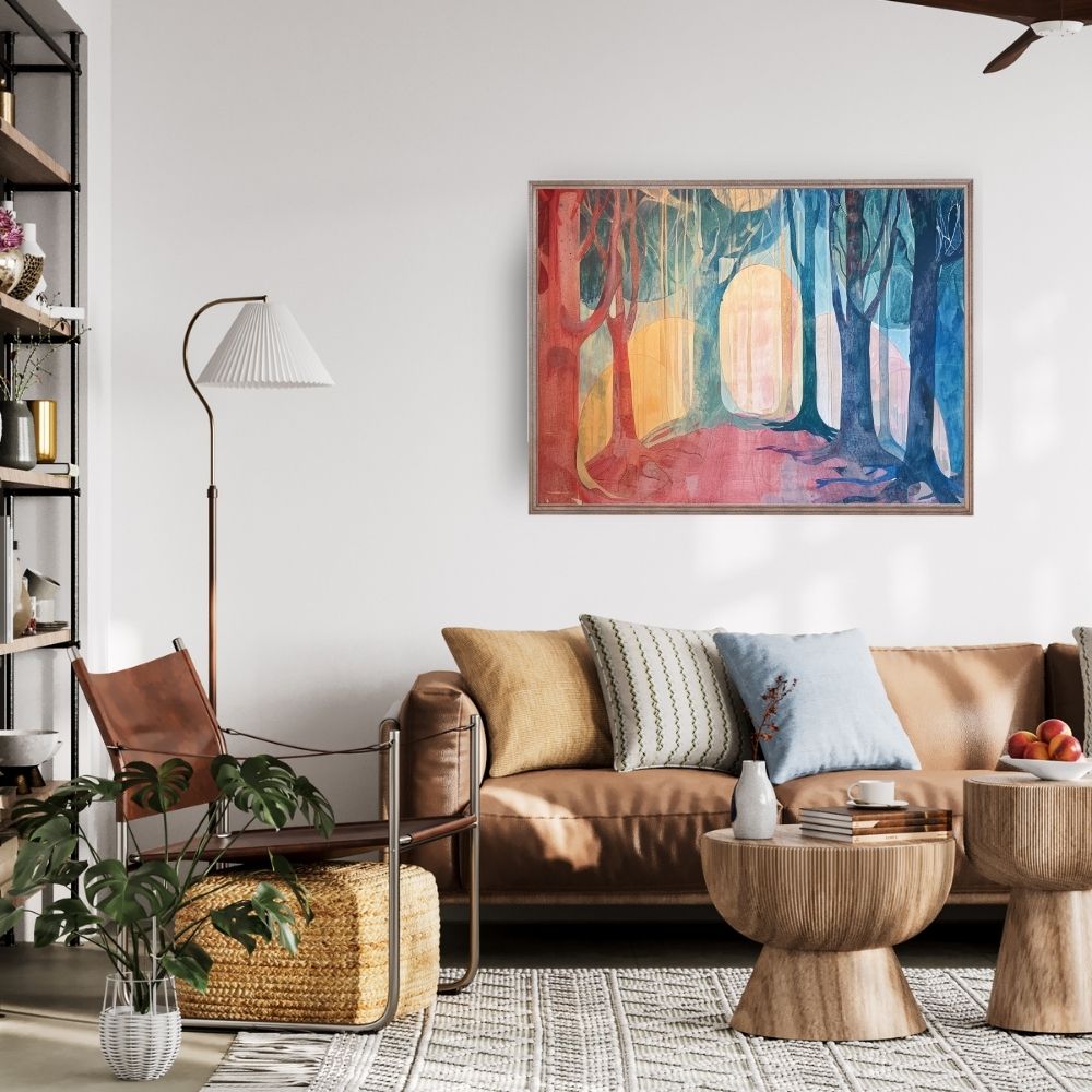 Poster wall art showing sunbeams through ancient trees in a living room