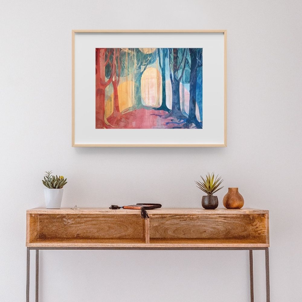 Poster wall art showing sunbeams through ancient trees in a hallway