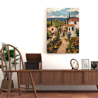 Poster wall art showing 'French Country - Quaint Villages in Summer Impasto Art' in a hallway