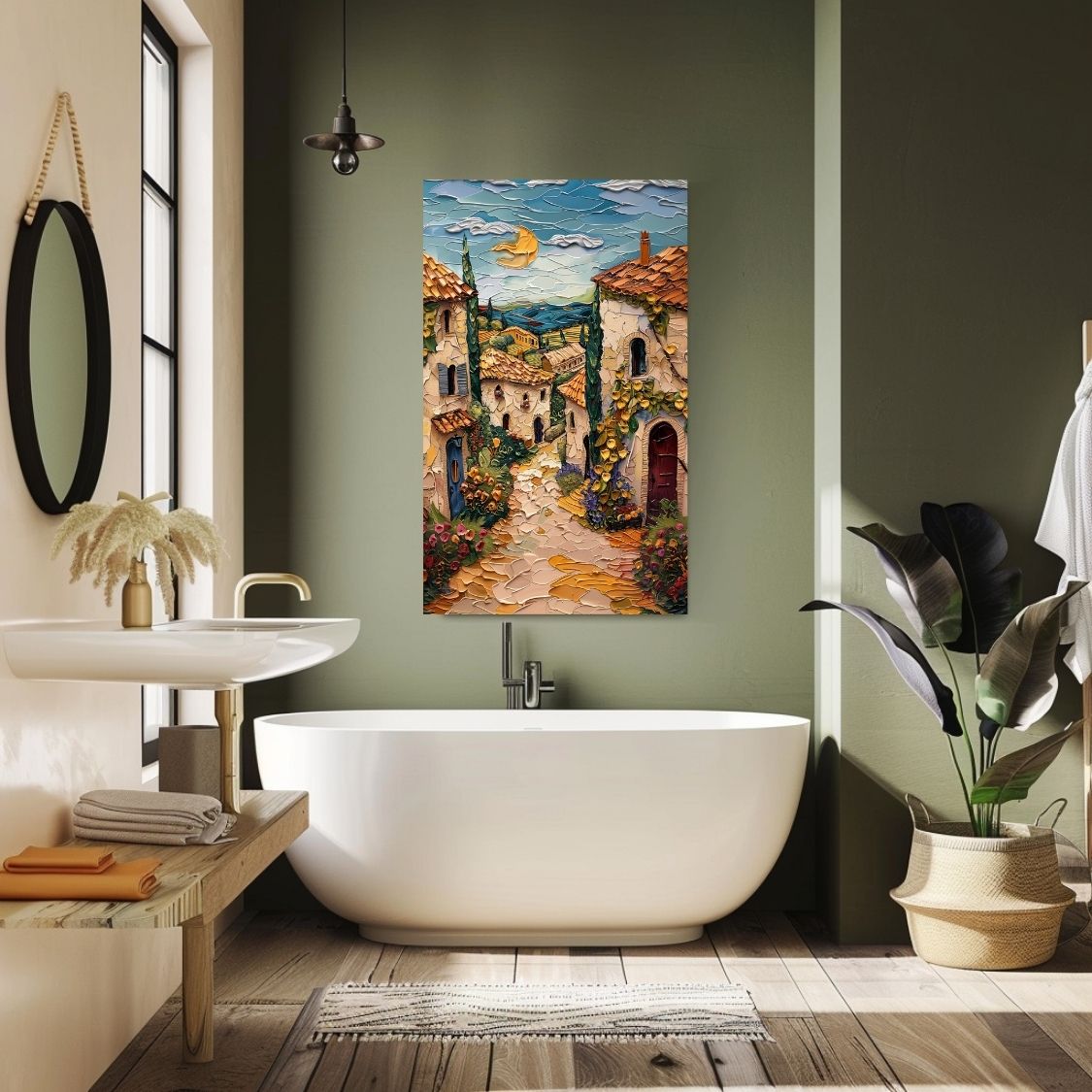 Poster wall art showing 'French Summer - Impasto Art of Quaint Cottages' in a bathroom