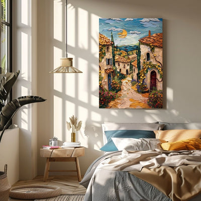 Poster wall art showing 'French Summer - Impasto Art of Quaint Cottages' in a bedroom