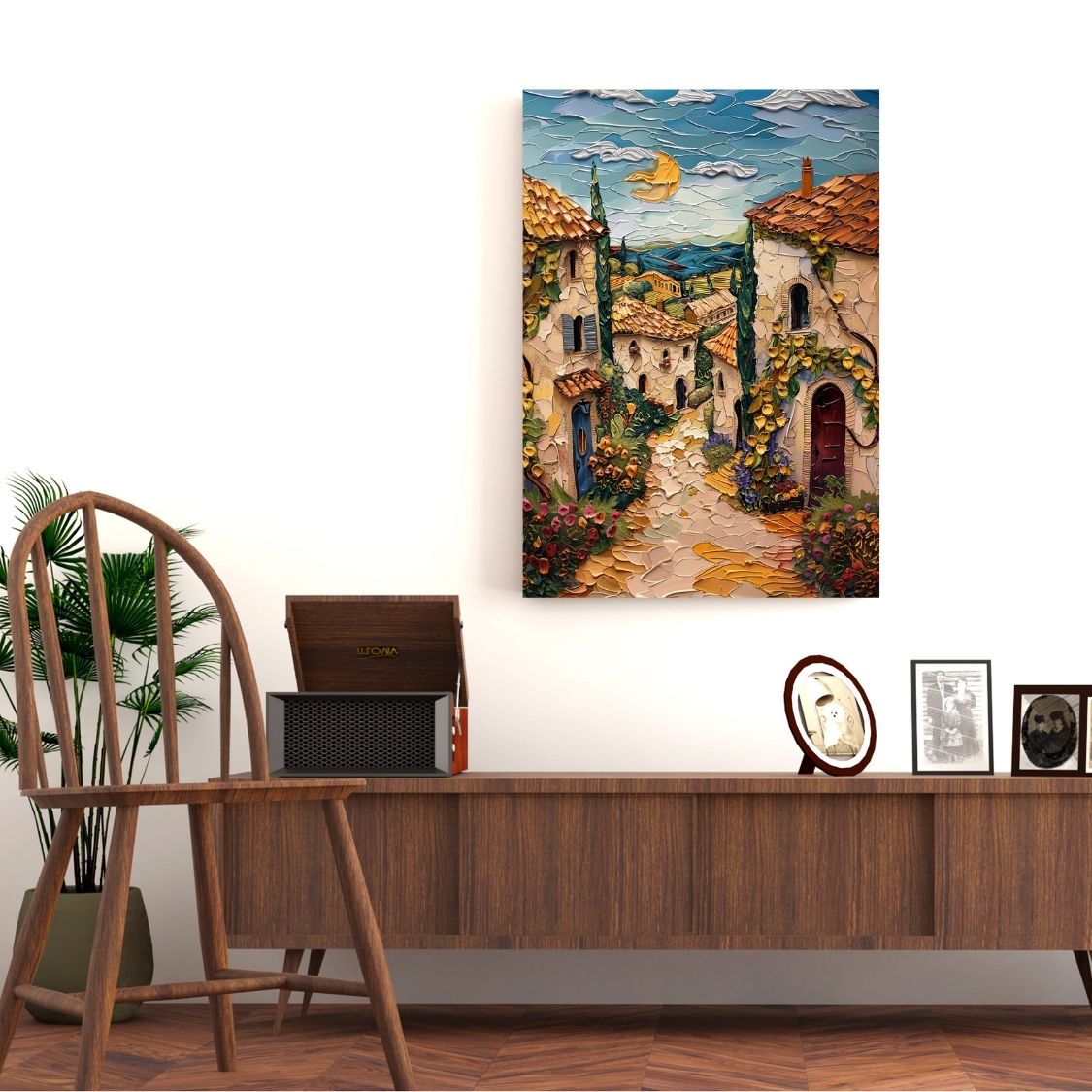 Poster wall art showing 'French Summer - Impasto Art of Quaint Cottages' in a hallway