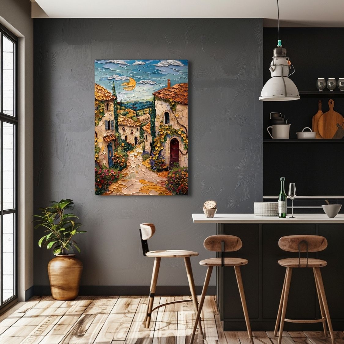 Poster wall art showing 'French Summer - Impasto Art of Quaint Cottages' in a kitchen