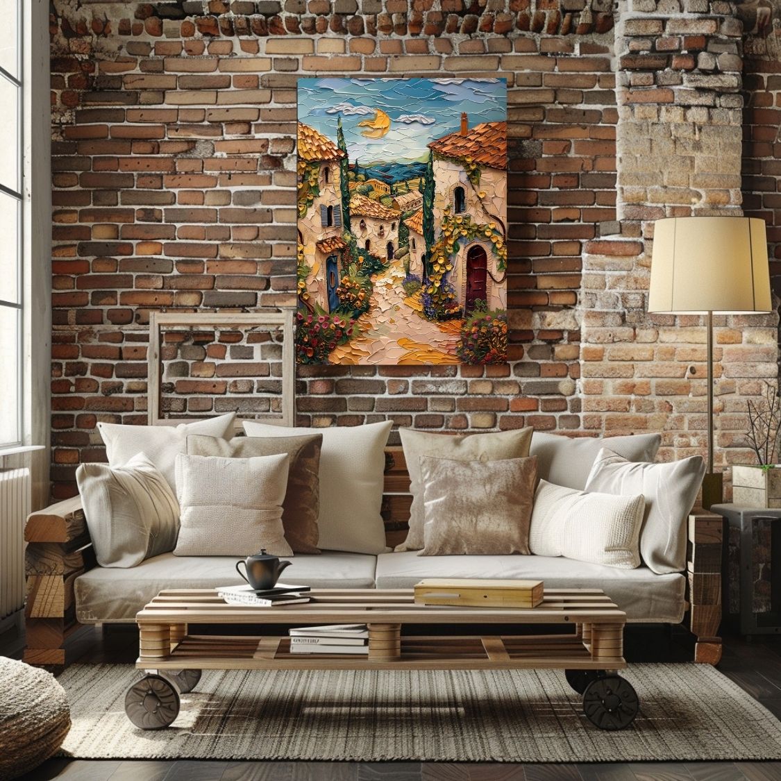 Poster wall art showing 'French Summer - Impasto Art of Quaint Cottages' in a living room