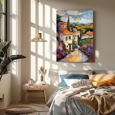 Poster wall art showing 'French Village Charm - Textured Summer Artwork' in a bedroom