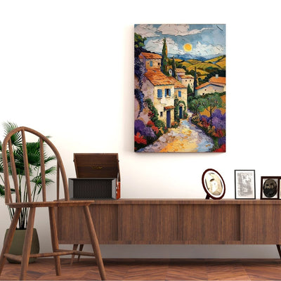 Poster wall art showing 'French Village Charm - Textured Summer Artwork' in a hallway