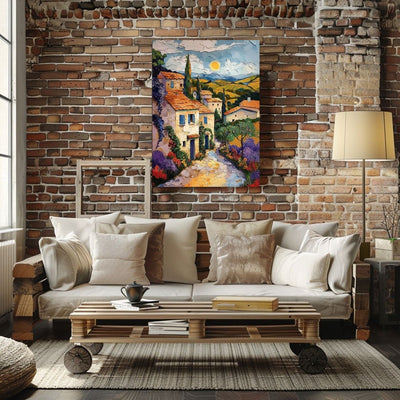 Poster wall art showing 'French Village Charm - Textured Summer Artwork' in a living room