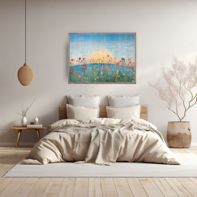 Poster wall art showing 'Golden Hour Florals – Wildflowers at Sunset' in a bedroom